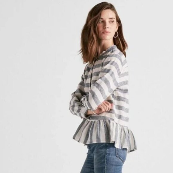 Lucky Brand Long Sleeve Blue-Grey Stripe Peplum Top Size M - Picture 2 of 13